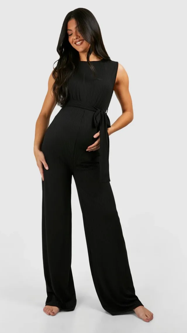 Black Maternity Rib Belted Sleeveless Lounge Jumpsuit