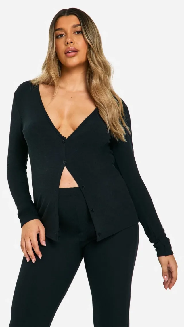 Black Maternity Rib Button Down Oversized Cardigan