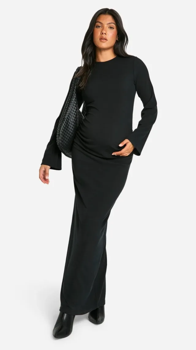 Black Maternity Rib Round Neck Flared Sleeve Column Maxi Dress