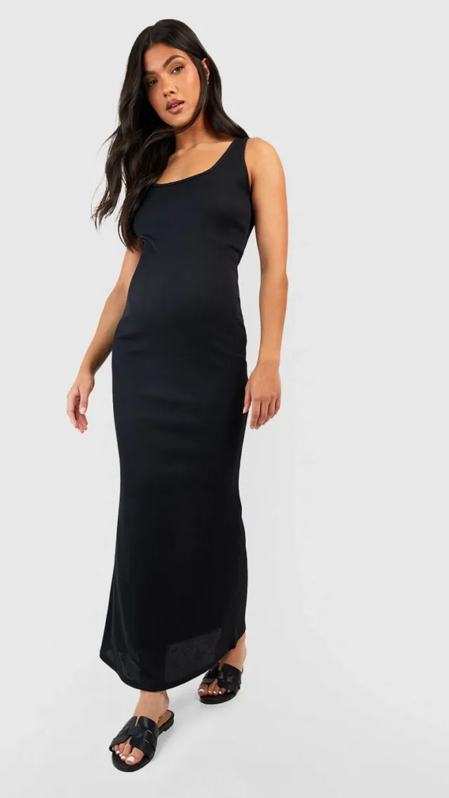 Black Maternity Rib Scoop Neck Maxi Dress