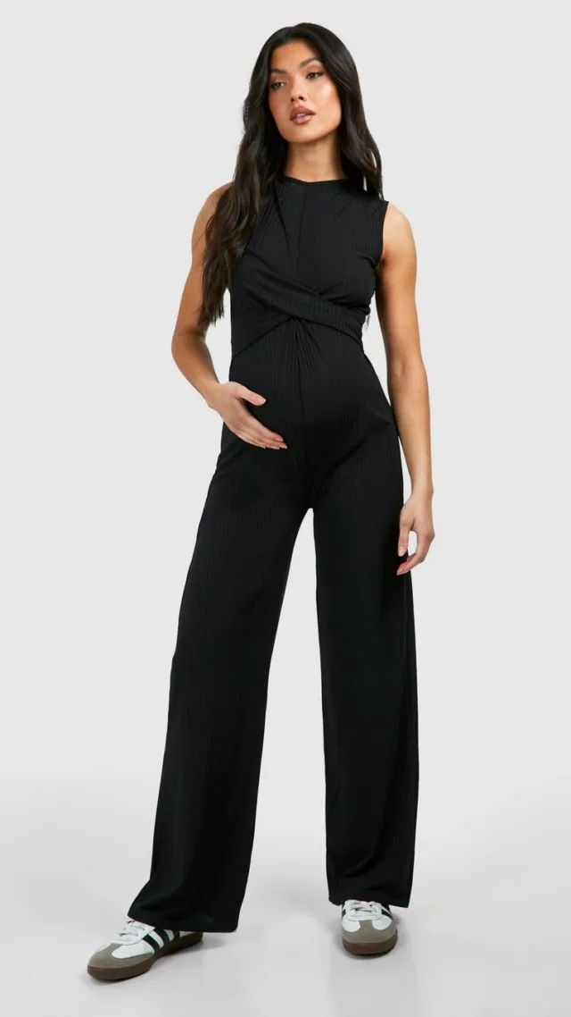 Black Maternity Rib Sleeveless Knot Detail Lounge Jumpsuit