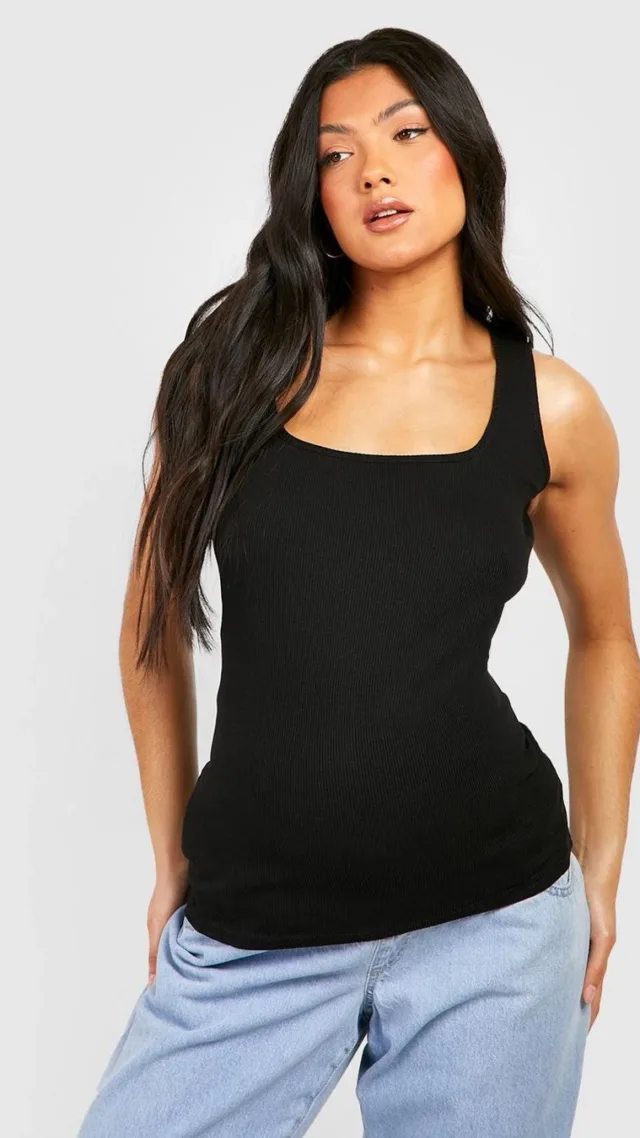 Black Maternity Rib Square Neck Tank Top