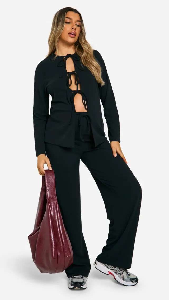 Black Maternity Rib Wide Leg Trouser