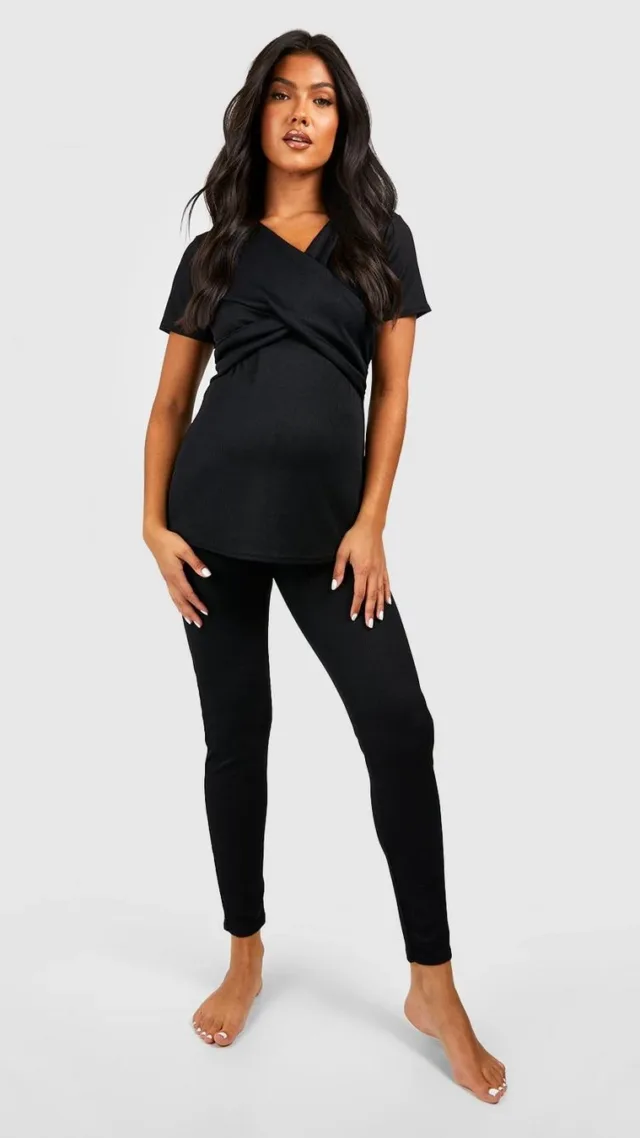 Black Maternity Rib Wrap Nursing Pajama Legging Set