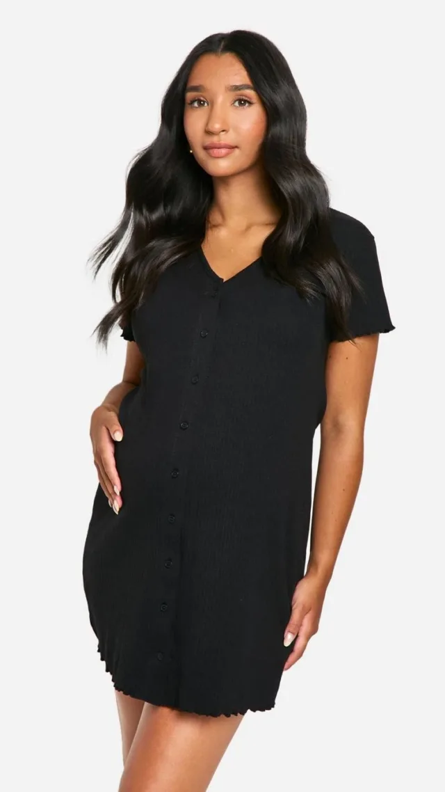 Black Maternity Ribbed Button Down Nightgown