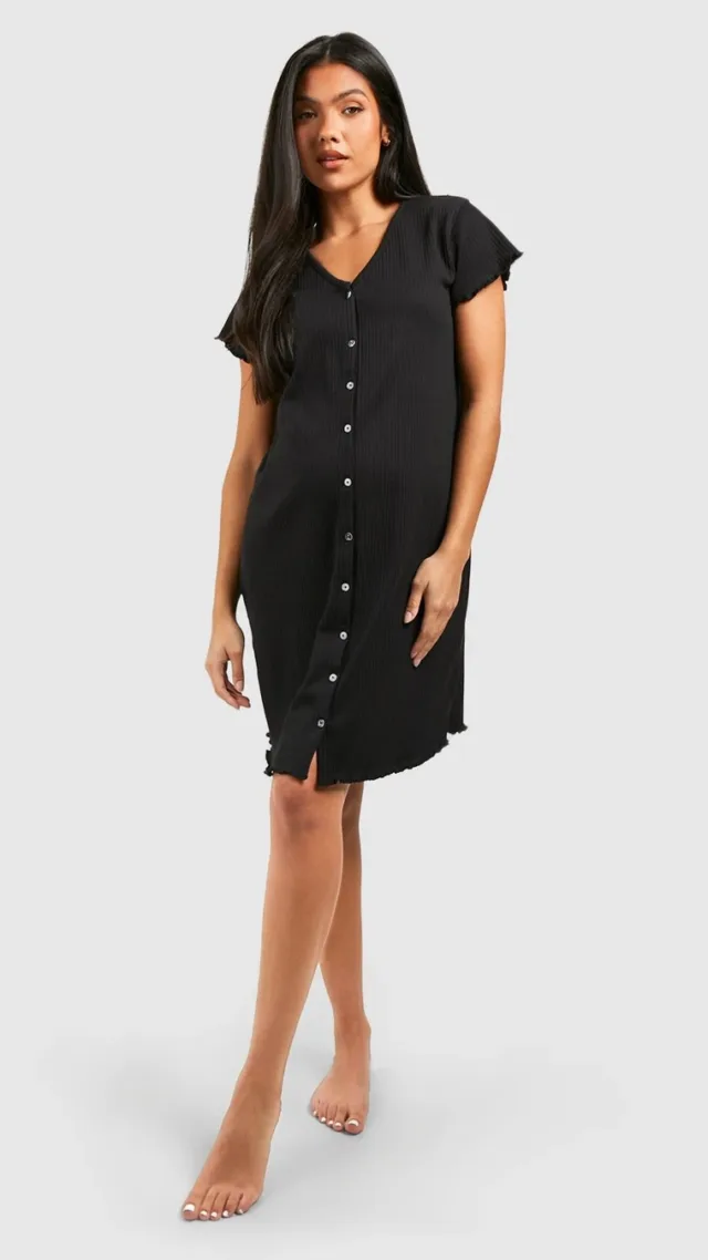 Black Maternity Ribbed Button Down Nightgown