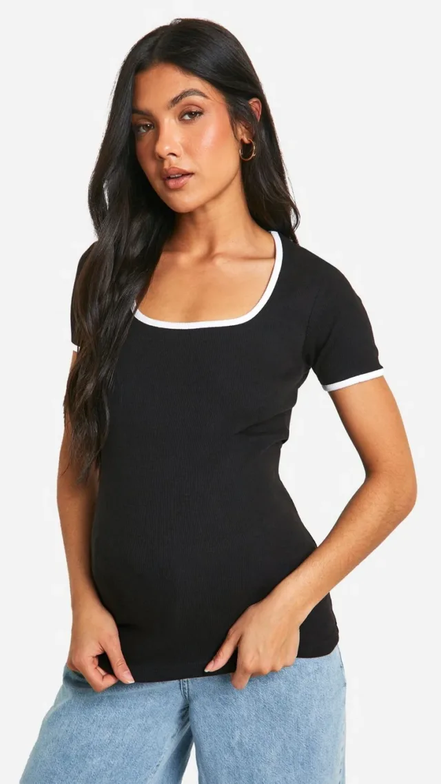 Black Maternity Ribbed Contrast Binding Square Neck T-Shirt