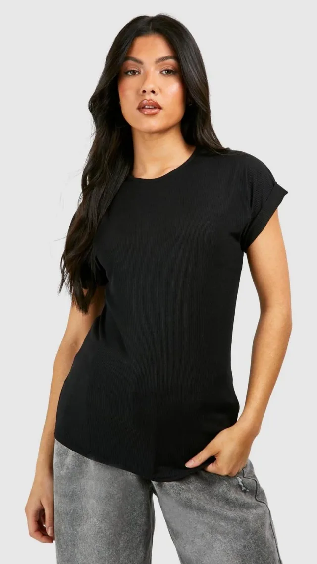 Black Maternity Ribbed Roll Sleeve T-Shirt