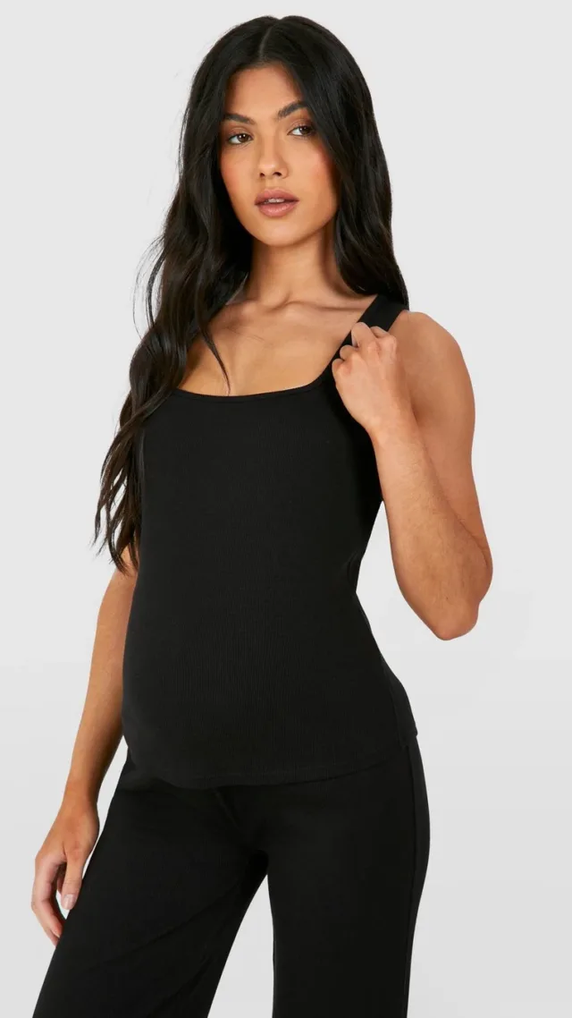 Black Maternity Ribbed Square Neck Tank Top Top