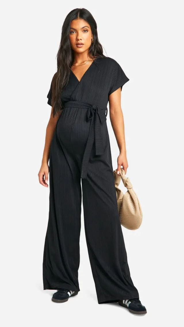 Black Maternity Ribbed Wrap Wide Leg Belted Jumpsuit