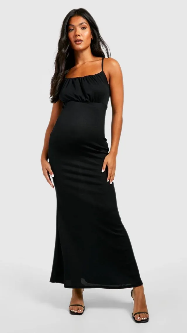 Black Maternity Ruched Bust Strappy Maxi Dress