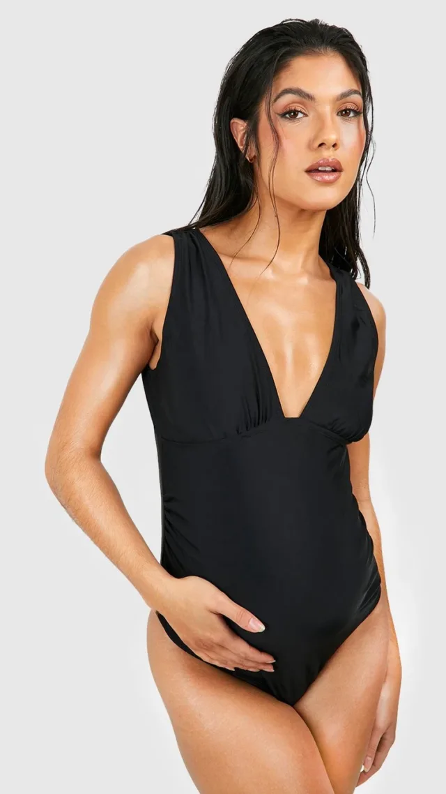 Black Maternity Ruched Plunge Neck Swimsuit