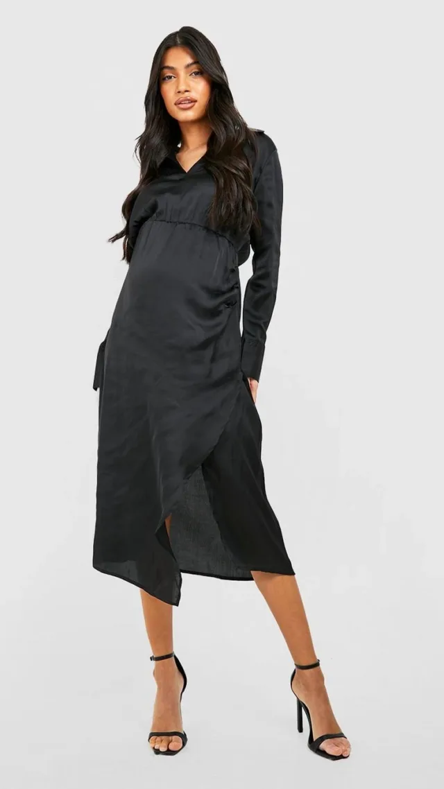 Black Maternity Satin Midi Dress