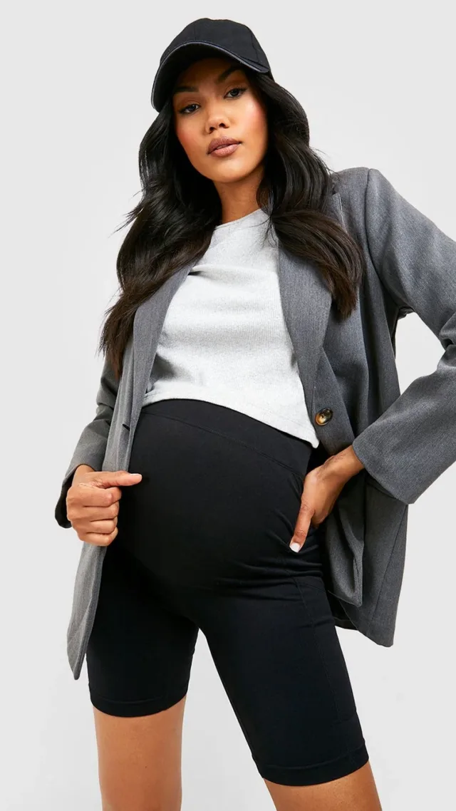 Black Maternity Seamless Seam Detail Biker Shorts