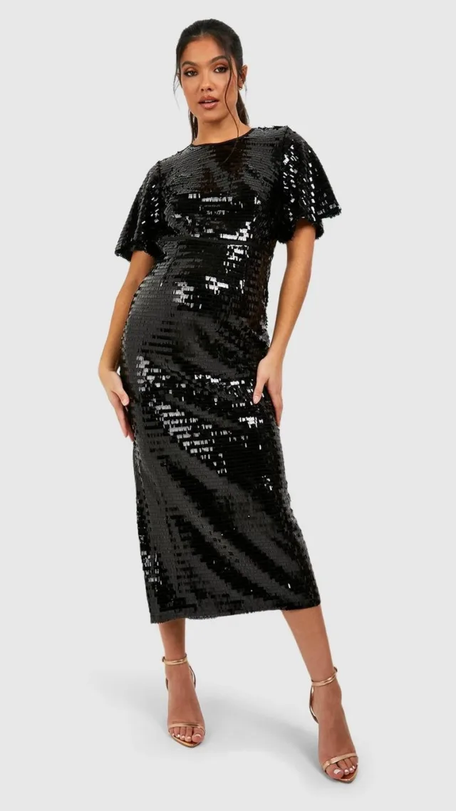 Black Maternity Sequin Angel Sleeve Midi Dress