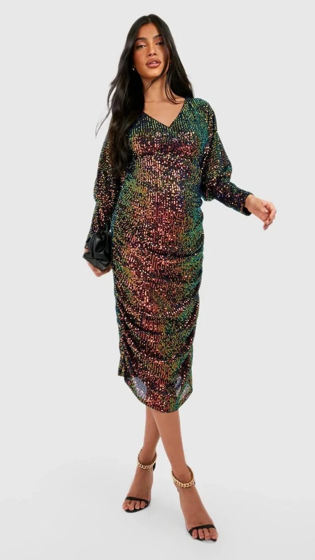 Black Maternity Sequin Batwing Ruched Midi Dress