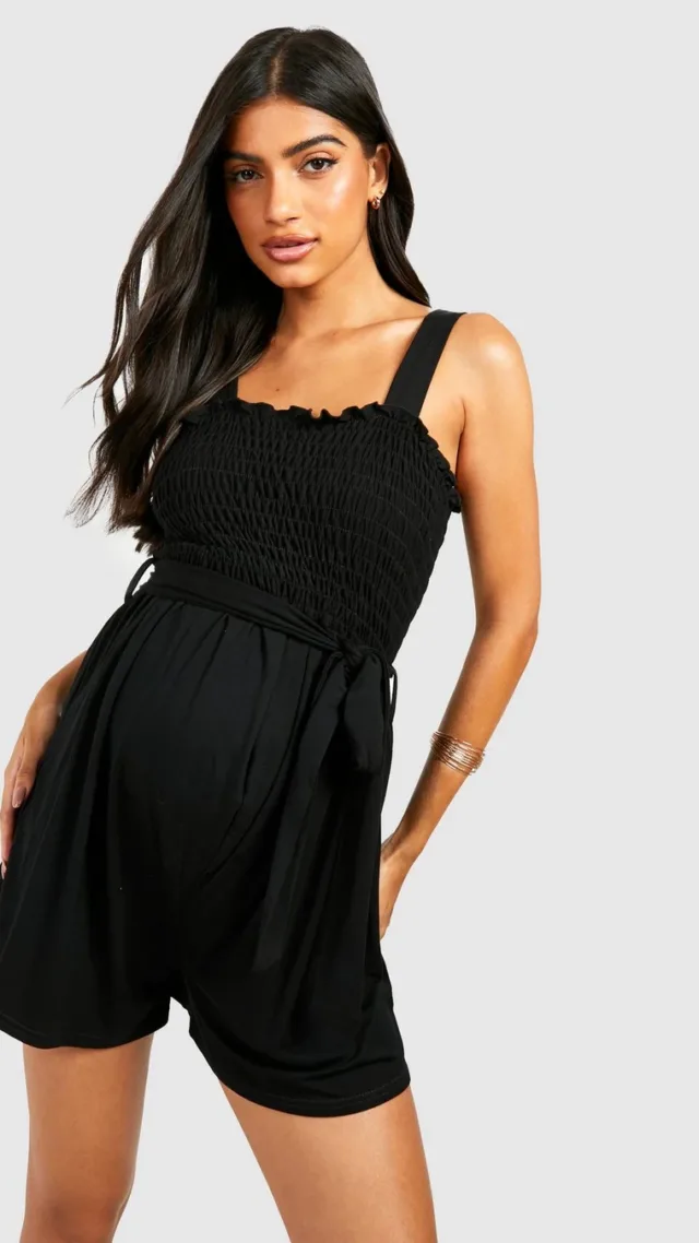 Black Maternity Shirred Flippy Belted Romper