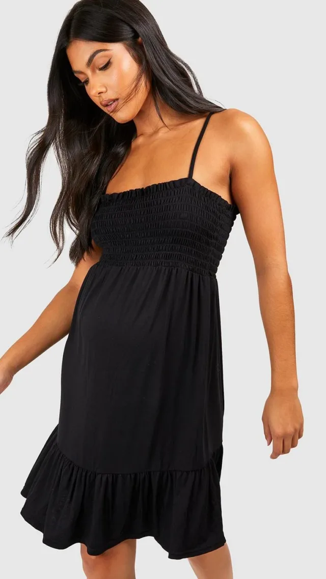 Black Maternity Shirred Smock Mini Dress