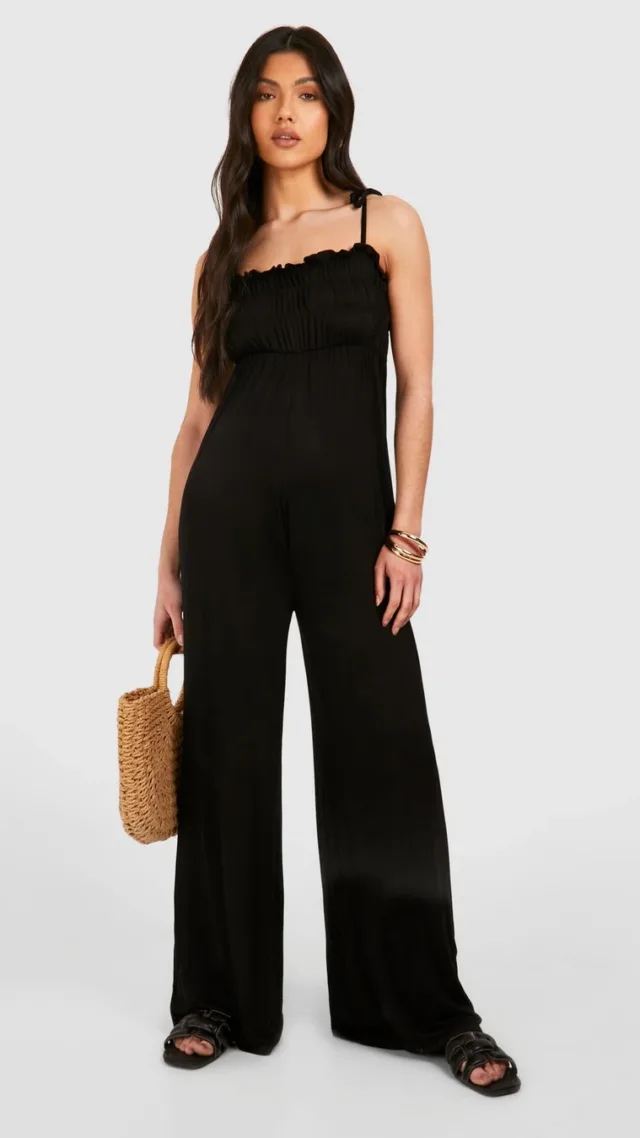 Black Maternity Shirred Strappy Jumpsuit