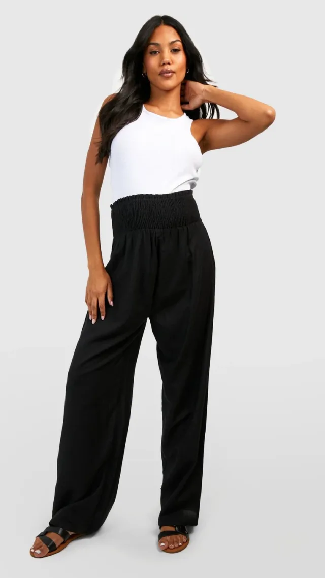 Black Maternity Shirred Waist Linen Wide Leg Pants