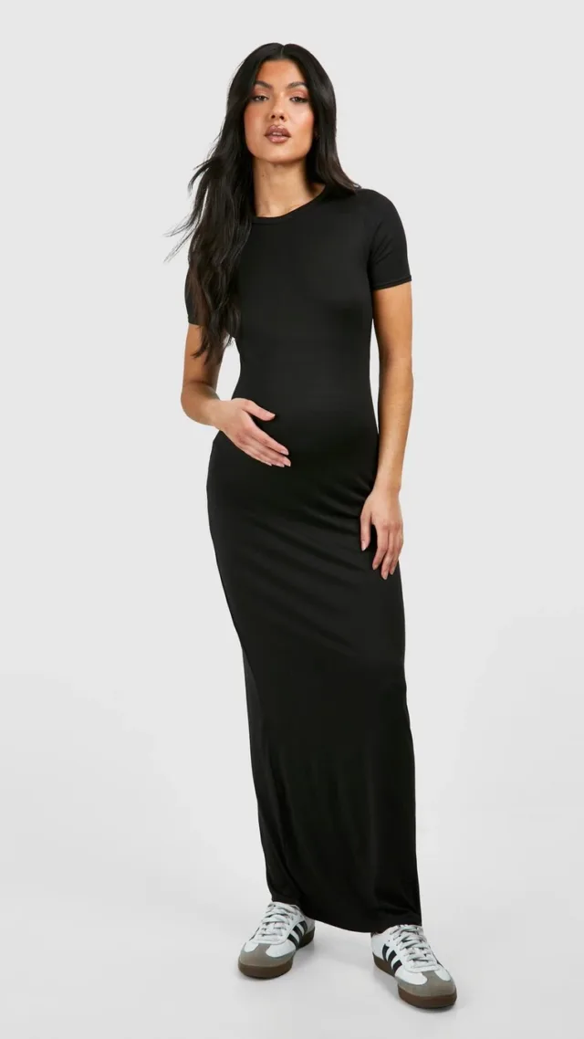 Black Maternity Short Sleeve Supersoft Bodycon Maxi Dress