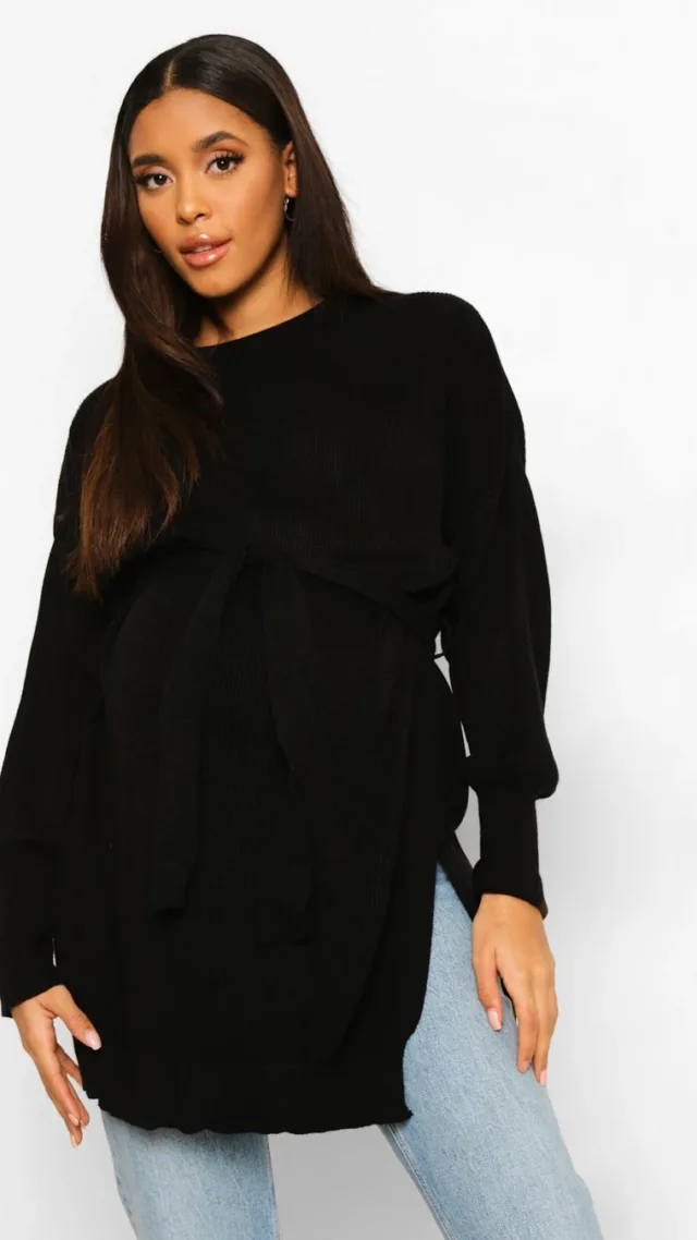 Black Maternity Side Split Knitted Tie Waist Sweater