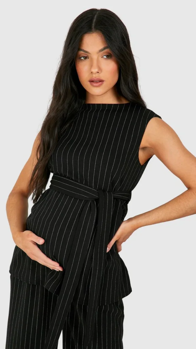 Black Maternity Sleeveless Belted Pinstripe Crepe Top