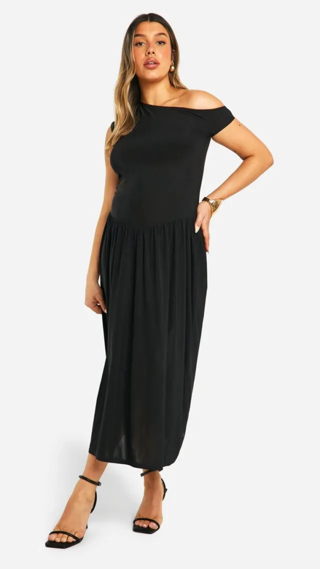 Black Maternity Slinky Off The Shoulder Drop Waist Full Skirt Midi Dress