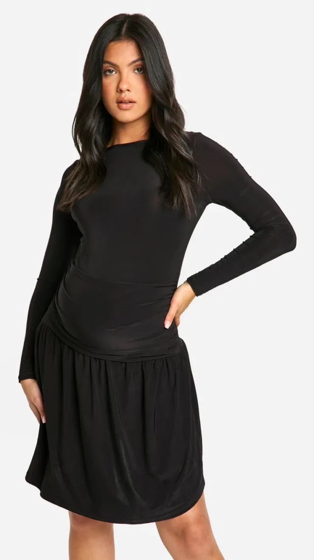 Black Maternity Slinky Slash Neck Gathered Detail Mini Dress