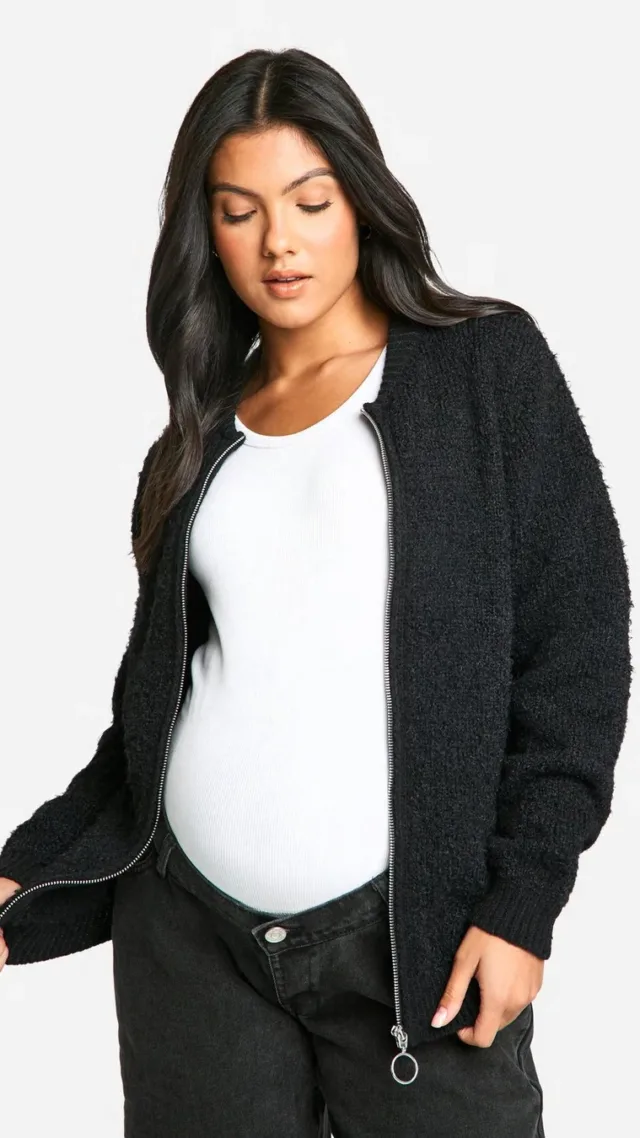 Black Maternity Soft Knit Boucle Bomber Cardigan