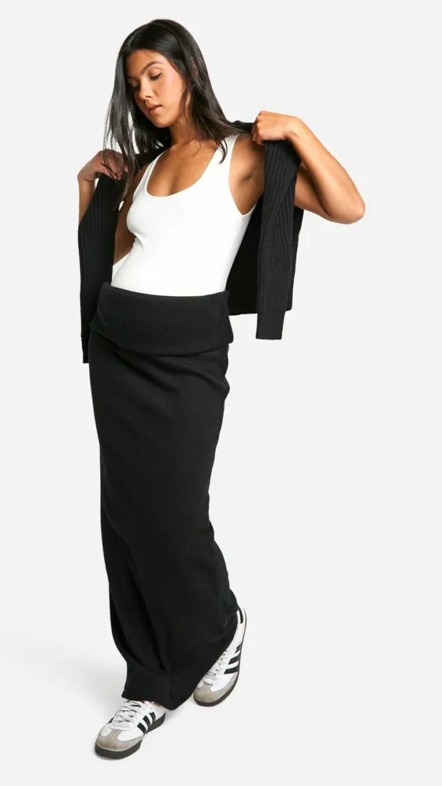 Black Maternity Soft Rib Fold Over Waist Detail Maxi Skirt