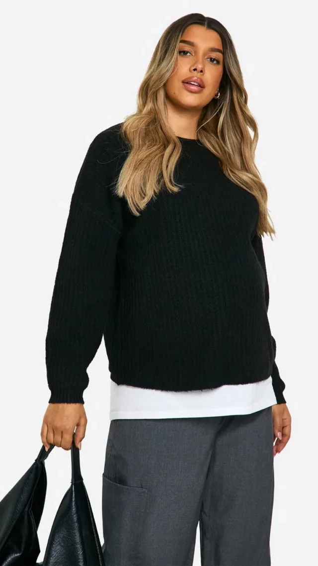 Black Maternity Soft Rib Knit Balloon Sleeve Sweater