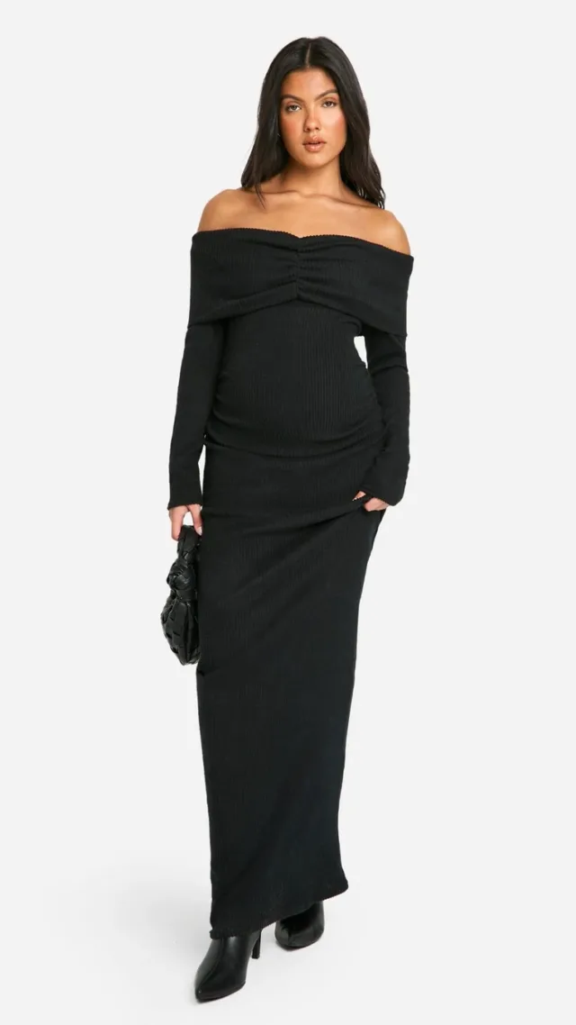 Black Maternity Soft Rib Off Shoulder Column Maxi Dress