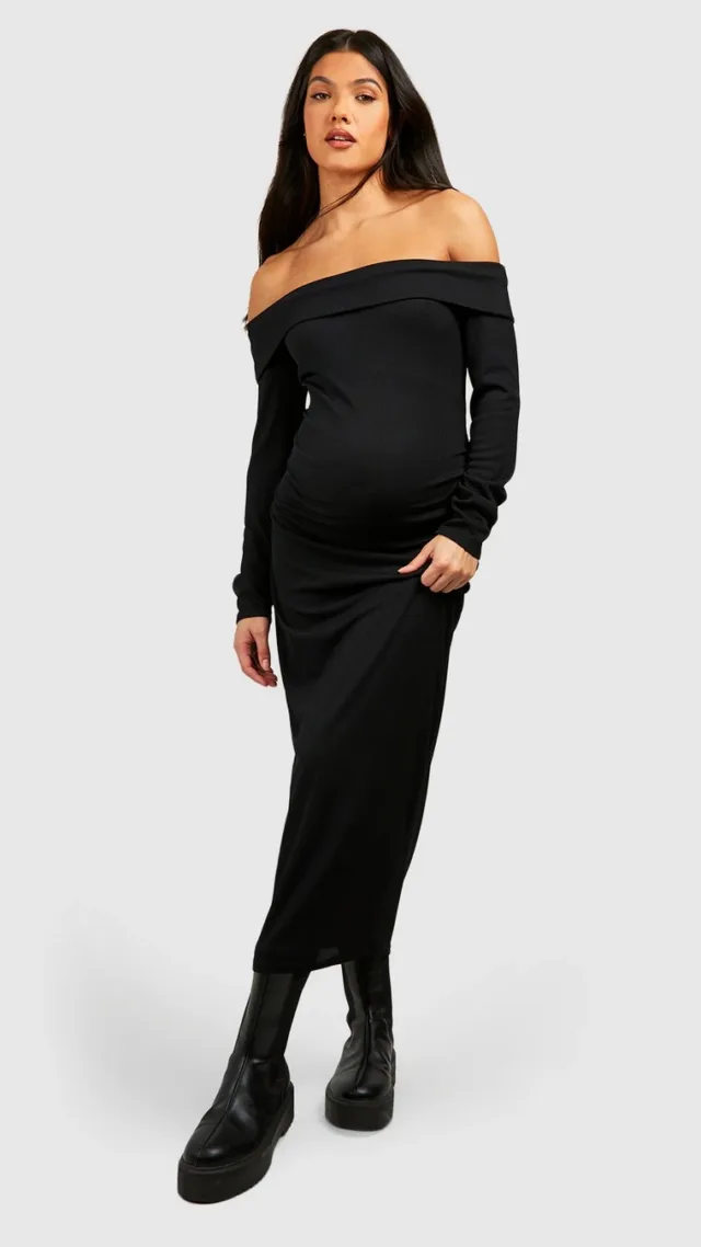 Black Maternity Soft Rib Off The Shoulder Midi Dress