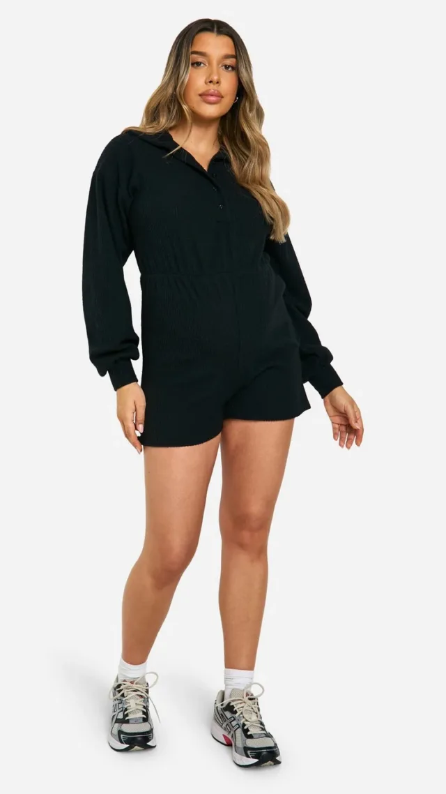 Black Maternity Soft Rib Oversized Collar Button Detail Long Sleeve Playsuit