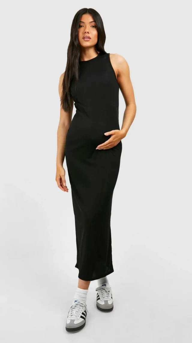 Black Maternity Soft Rib Racer Neck Midi Dress