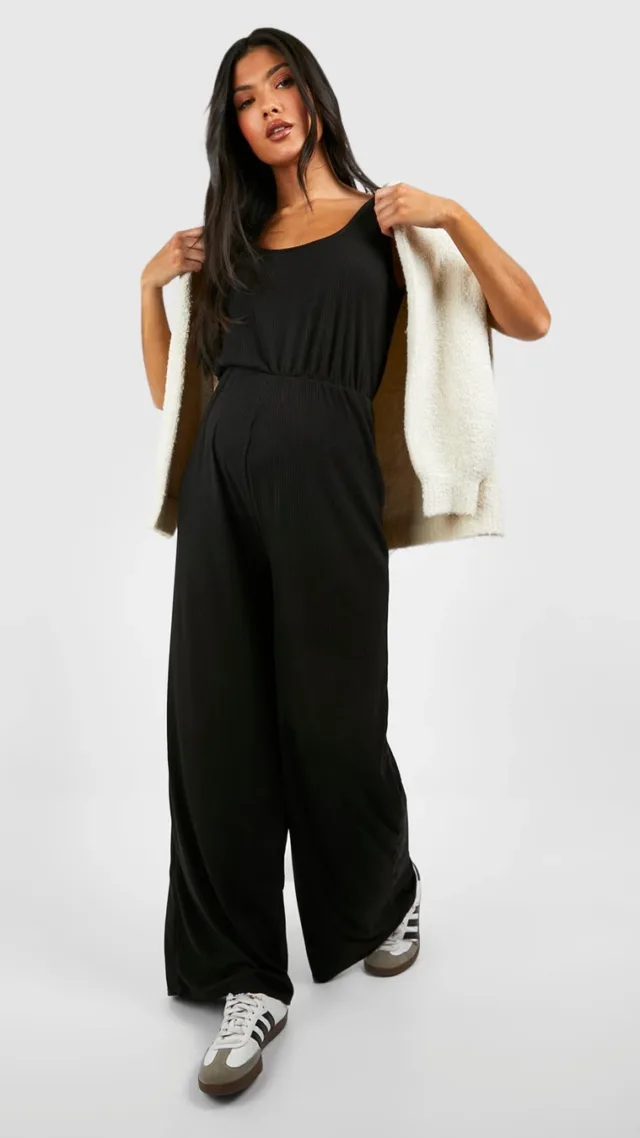 Black Maternity Soft Rib Slouchy Sleeveless Jumpsuit