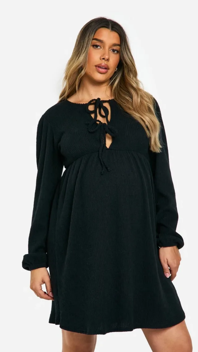 Black Maternity Soft Rib Tie Front Smock Dress