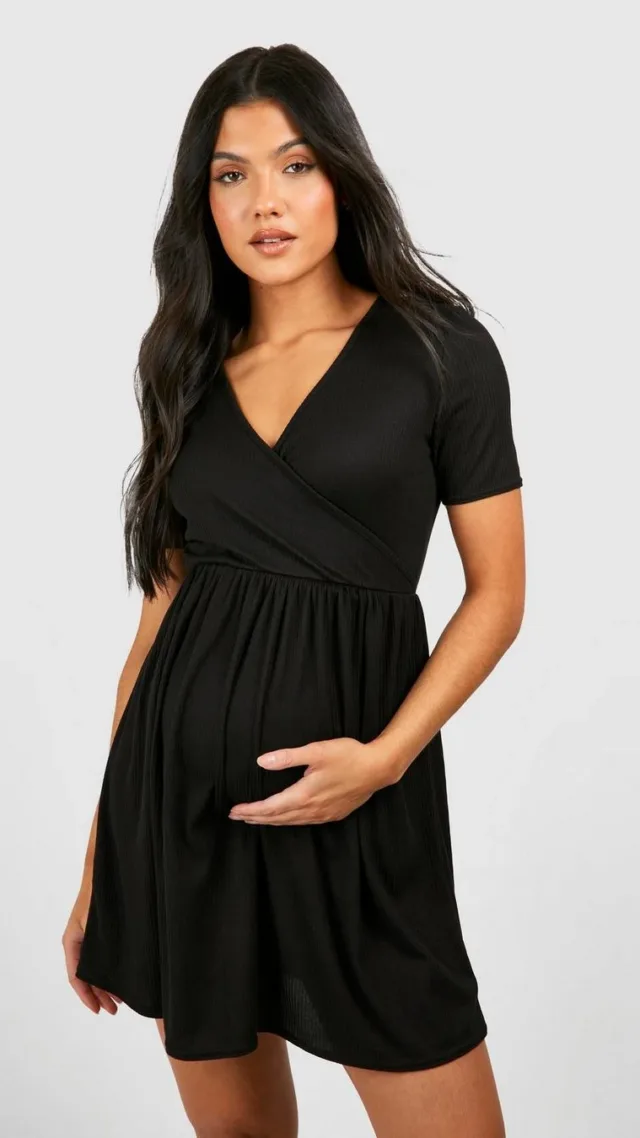 Black Maternity Soft Rib V Neck Smock Dress