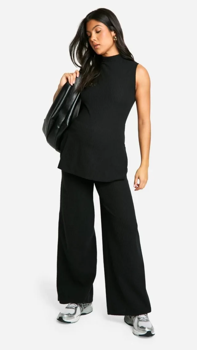 Black Maternity Soft Rib Wide Leg Trousers