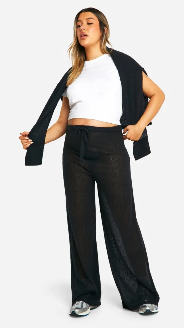 Black Maternity Soft Textured Drawstring Wide Leg Pants