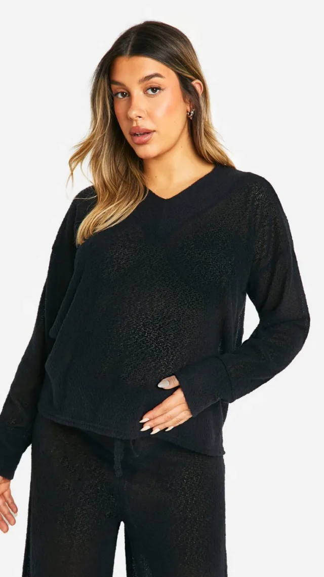 Black Maternity Soft Textured Oversized V Neck Sweater