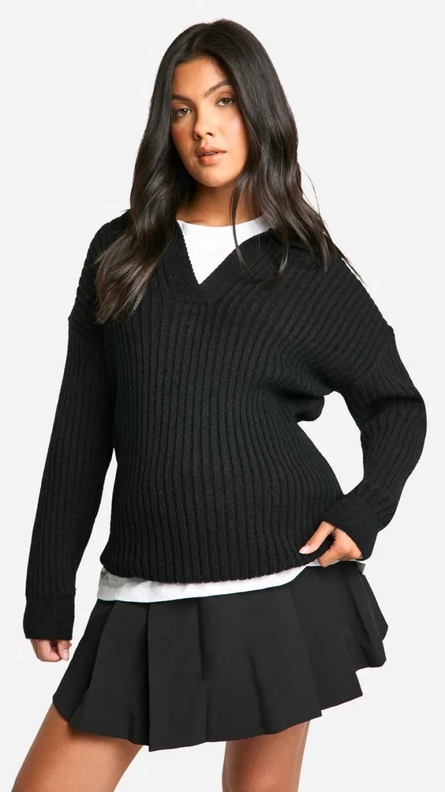 Black Maternity Soft Wide Rib Knit Collared Sweater