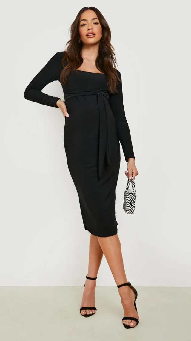 Black Maternity Square Neck Long Sleeve Midi Dress