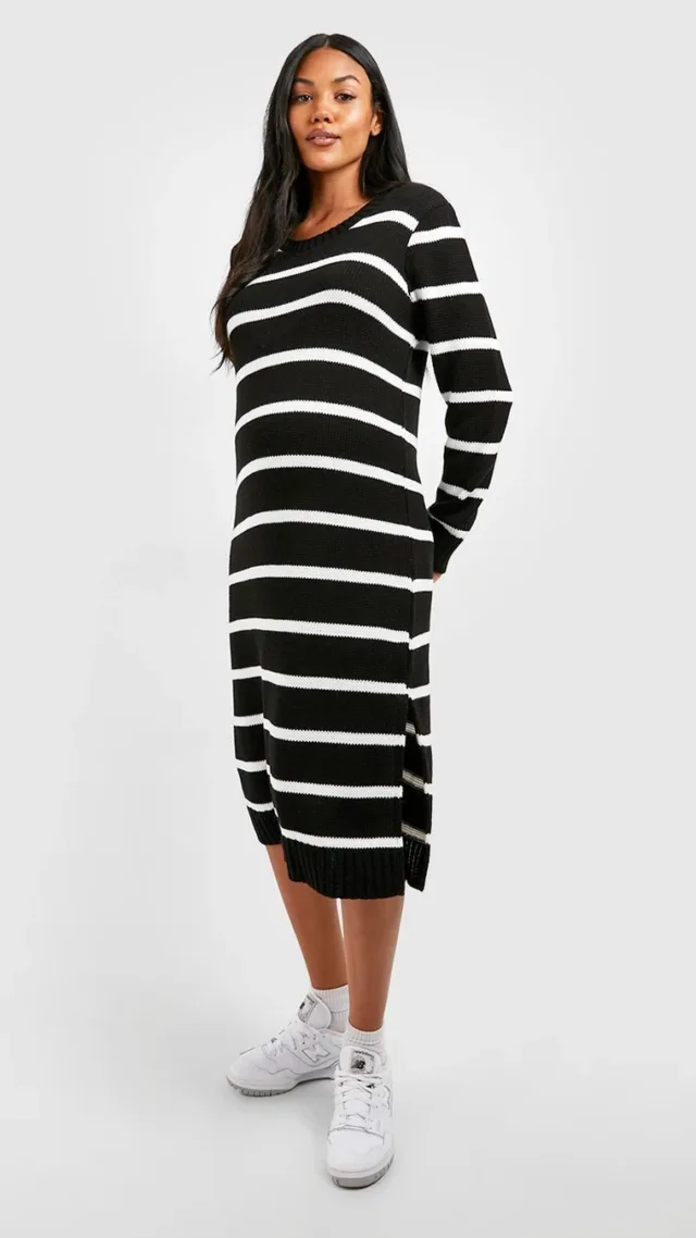 Black Maternity Stripe Crew Neck Sweater Midi Dress