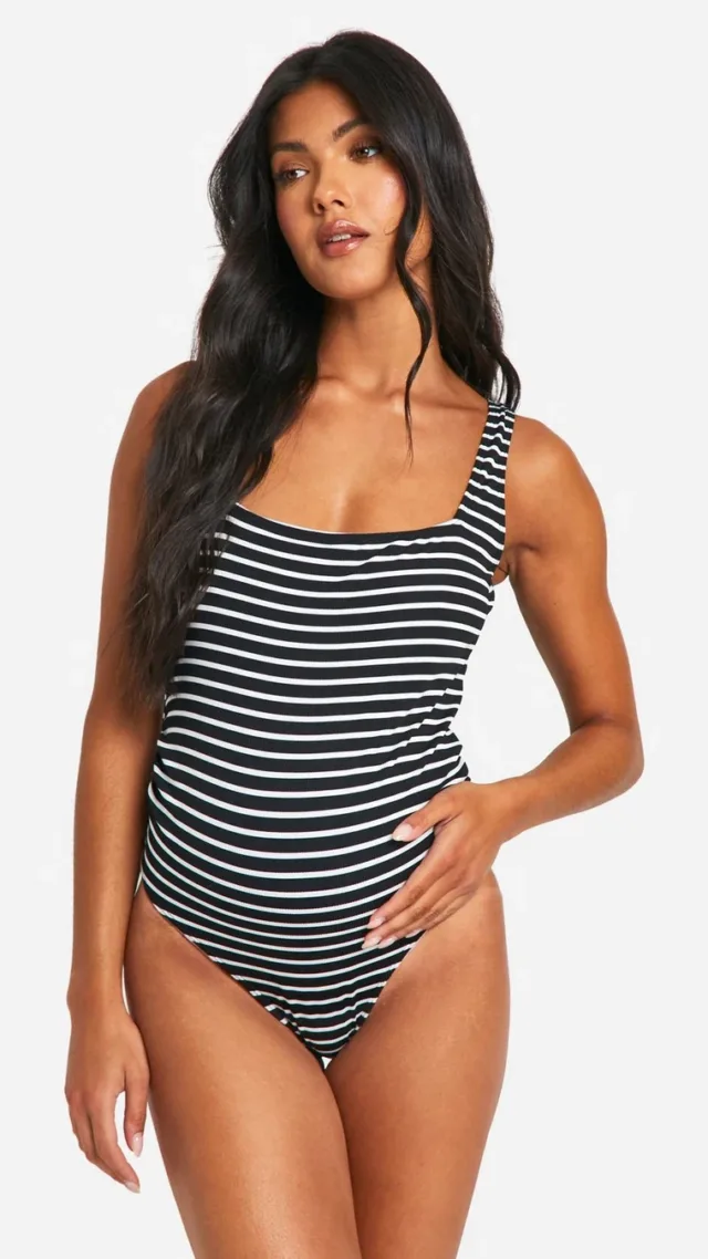 Black Maternity Stripe Crinkle Square Neck Swimsuit