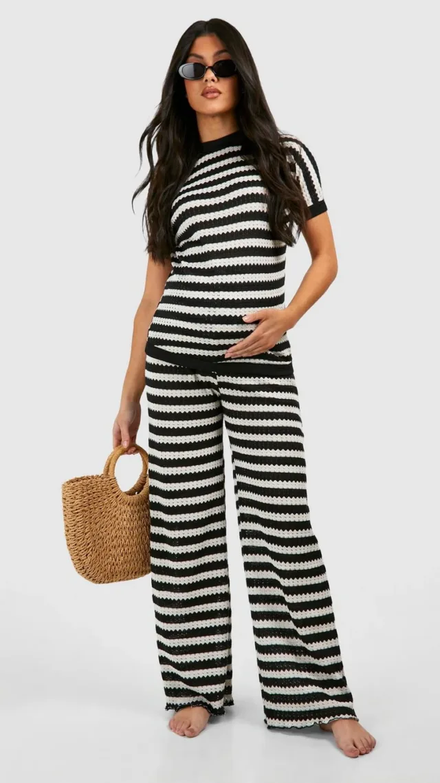 Black Maternity Stripe Crochet Beachwear Set