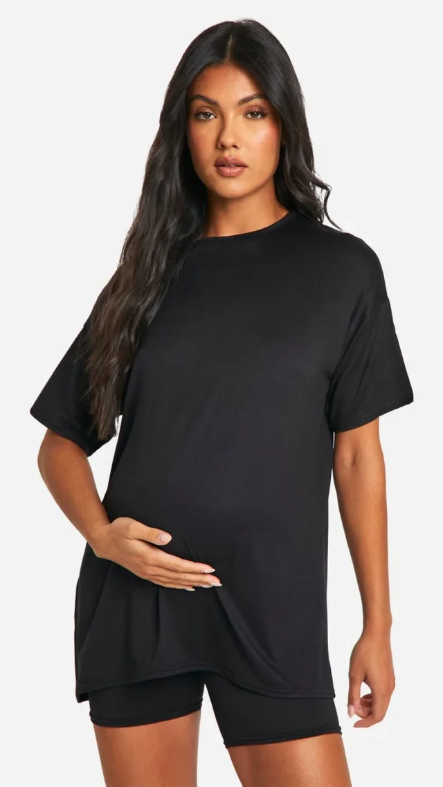 Black Maternity Super Soft Oversized T-Shirt And Biker Short Set