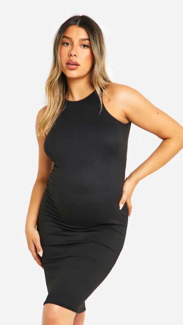 Black Maternity Super Soft Racer Neck Midi Dress