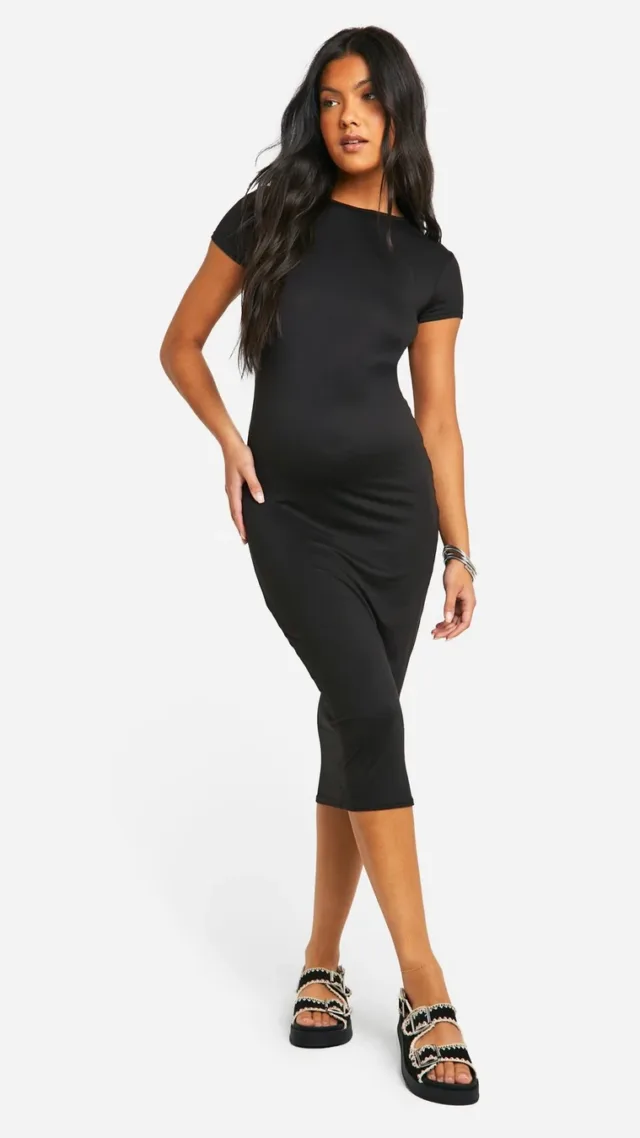 Black Maternity Super Soft Short Sleeve Midi Dress